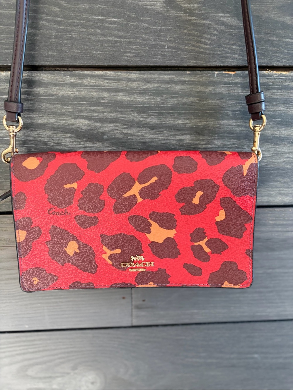Coach Red and Brown Leopard Print Crossbody